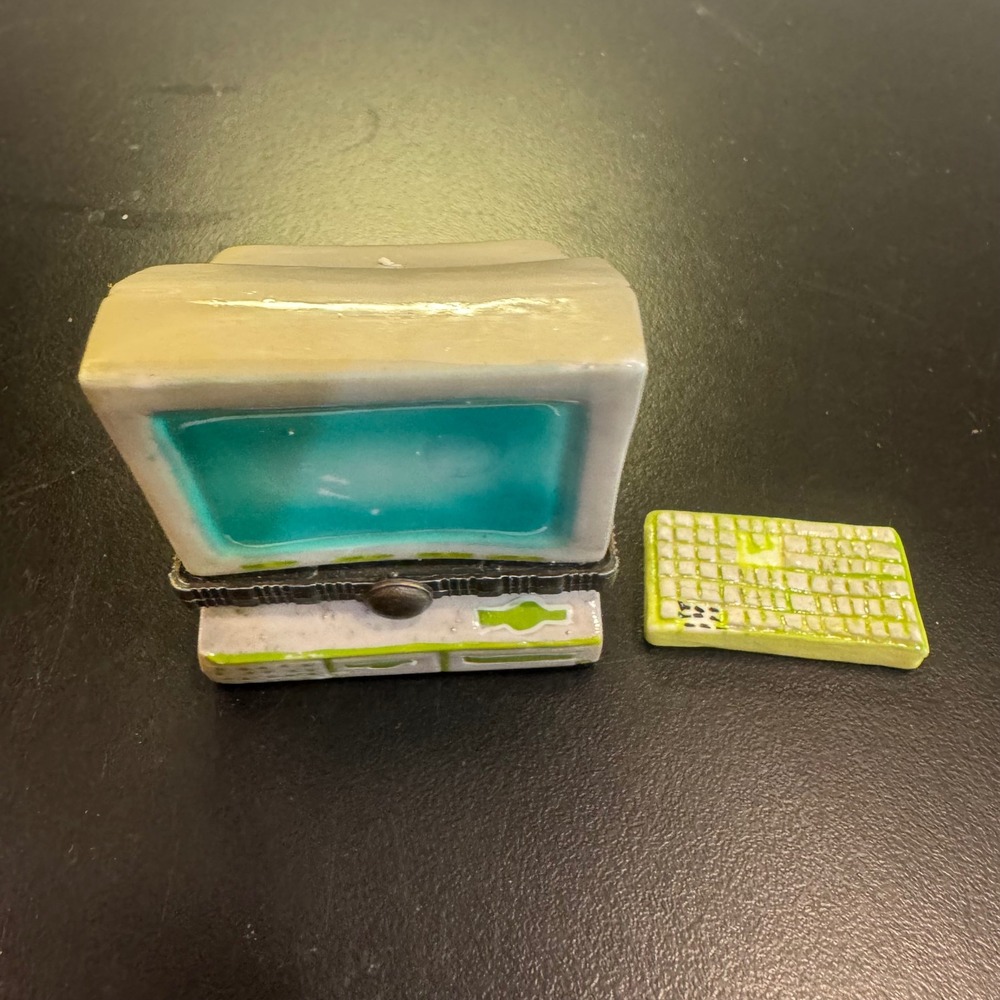 Vintage Computer Trinket Box Small Grey Teal Retro Desktop PC Novelty Ceramic
